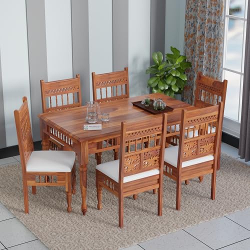 Image of Jangid Handicraft Solid Sheesham Wood 6 Seater Dining Table Set | Six Seater Dinner Table with 6 Cushions Chairs | Dining Table Set 6 Seater for Living Room, Kitchen & Home | Honey Finish