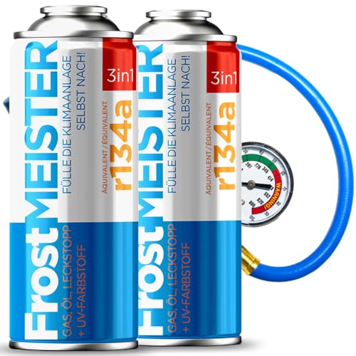 FrostMEISTER Kit de Recharge 3 en 1 pour climatiseur de Voiture R134a (1995-2016) - 2 canettes de 400 ML et Tuyau avec manomètre - Remplacement du réfrigérant, de l'huile et du Mastic - Utilisation