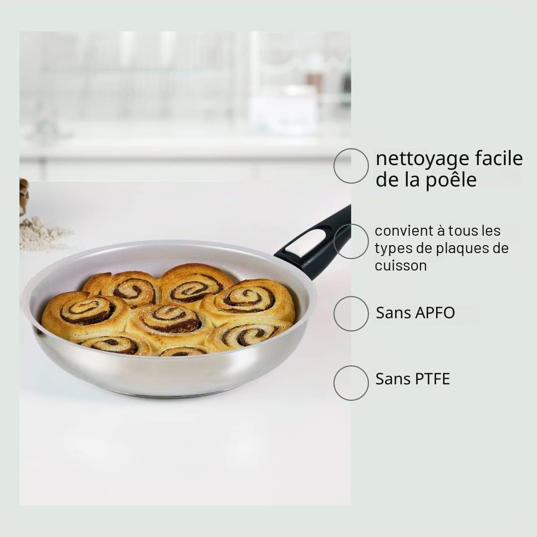 Genius Cerafit Steel Lot de 5 poêles à frire en céramique 20, 24, 28 cm avec revêtement anti-adhésif anti-rayures + couvercle en verre – Poêles à induction avec poignée amovible pour tous les types de