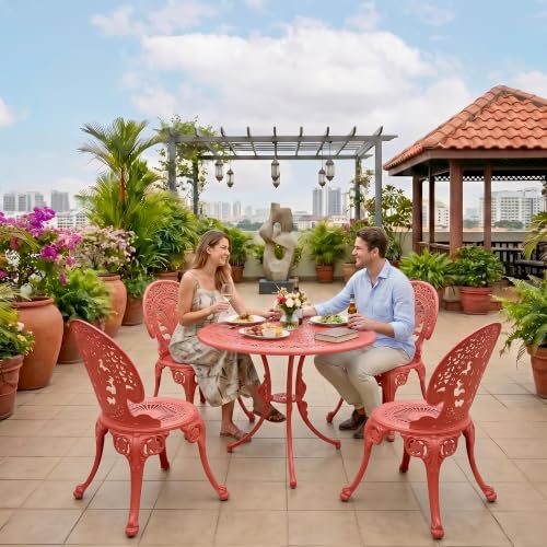 Image of BRISHI Cast Aluminium Garden Patio Seating Chair and Table Set for Balcony Outdoor Furniture with 1 Table and 4 Chair Set (Red)