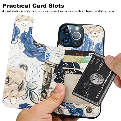 Image of HAOPINSH for iPhone 13 Pro Max Wallet Case with Card Holder, Blooming Floral Flower Pattern Back Flip Leather Case Kickstand Card Slots for Women Girls, Double Magnetic Clasp Shockproof Cover 6.7 inch