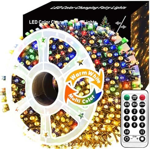 Voolex Christmas Lights 204FT 600 LED 2 Color Changing Christmas String Lights Multicolor or Warm White Dimmable 11 Modes with Remote Control Timer for Indoor Outdoor Christmas Tree,Patio