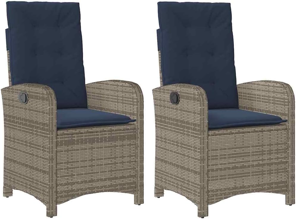 vidaXL Reclining Patio Chairs with Cushions - Adjustable Outdoor Lounge Seats in Gray Poly Rattan, Navy Blue Padding, Robust Frame