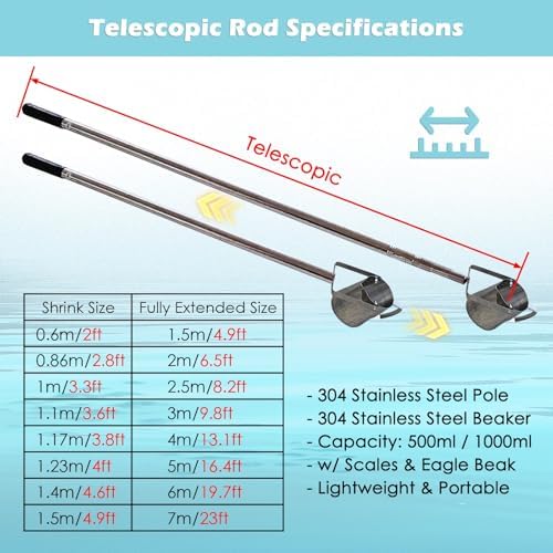 Telescopic Water Sampler Kit - 304 Stainless Steel Dipper with 1000ml Graduated Beaker, Extendable 3.3'-8.2' Pole for Water Quality Sampling and Testing