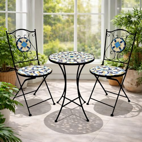 Dekoratives Mosaik Set 3-teilig Sitzgarnitur Sitzgruppe Gartentisch Stühle Gartenmöbel Bistrotisch