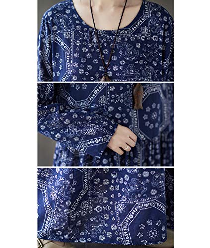 YESNO Women Long Maxi Swing Dress Casual Plus Size White Blue Printed Long Sleeve/Pocket M90