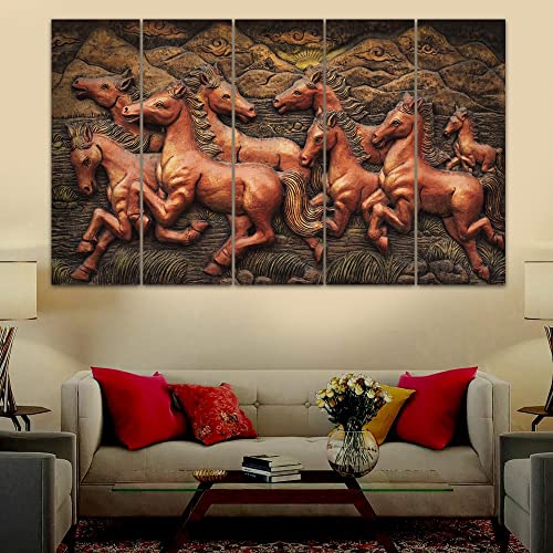 Image of Spacter art Vastu Runing Seven Horses Painting With Frame Wall art for living room wall decoration for wall Bedroom,room,Hotels-Wooden Framed- Animal Digital Painting (30x60 Inch) SP333