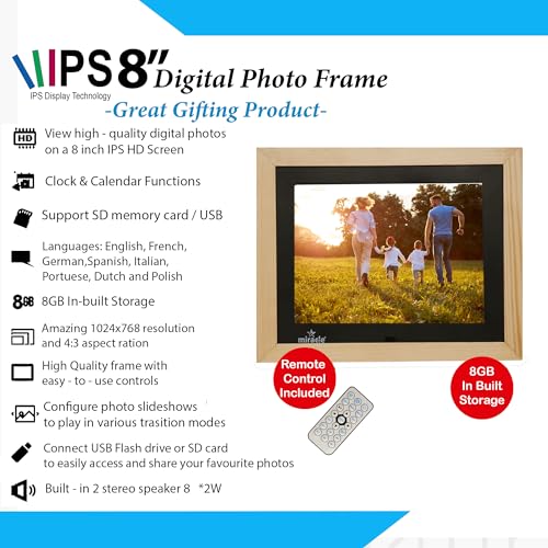 Image of Miracle Digital 8'' IPS HD Wooden Digital Photo Frame | 8GB Memory, 2GB RAM, 32GB Expandable | USB & SD Support | 180 Wide View, Stereo Sound | Slideshow for Photos, Videos & Music - Wooden Light