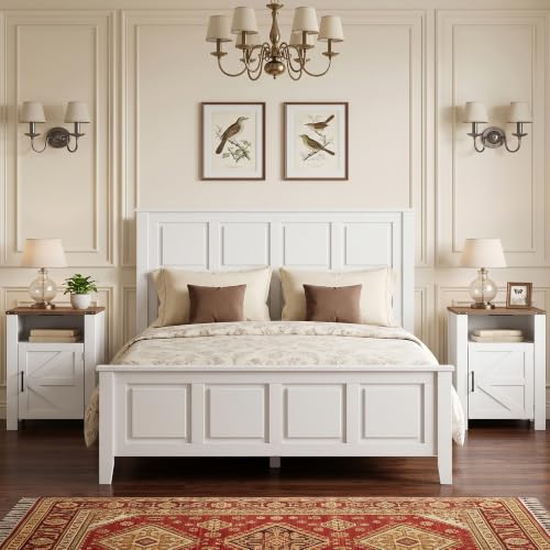 Image of VECELO Farmhouse Nightstand with Charging Station, Rustic Wooden Bedside Table,End Table with Open Shelf & Hidden Storage Cabinet for Bedroom, Living Room, White