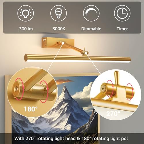 Image of Mocalido 2 Pack Picture Light Battery Operated for Wall, 16in Wireless LED Art Light for Painting with Remote, 5200mAh Dimmable Frame Lights for Gallery Library, Brass