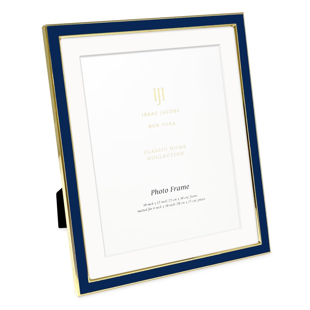 Isaac Jacobs 10x12 (Matted 8x10) Navy Enamel Picture Frame with Gold Metal Edge and Easel, Tabletop Display, Wall Décor, Photo Gallery, (10x12 (Matted 8x10), Navy with Gold)