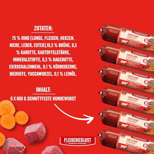 Fleischeslust Hundewurst | Zartes Rind mit Karotte, Hagebutte & Kürbiskernen | Futterbox (6x800g) | Nassfutter | schnittfest | getreidefrei | Alleinfuttermittel für ausgewachsene Hunde