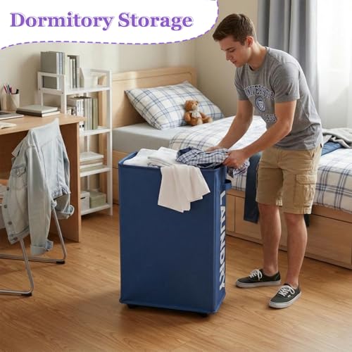 Image of Narrow Laundry Basket with Wheels, 42L Slim Rolling Laundry Hamper with Brake, Collapsible Dirty Clothes Hamper with Mesh Cover & Handle, Storage Bin for Dorm, RV, Small Spaces, Navy Blue
