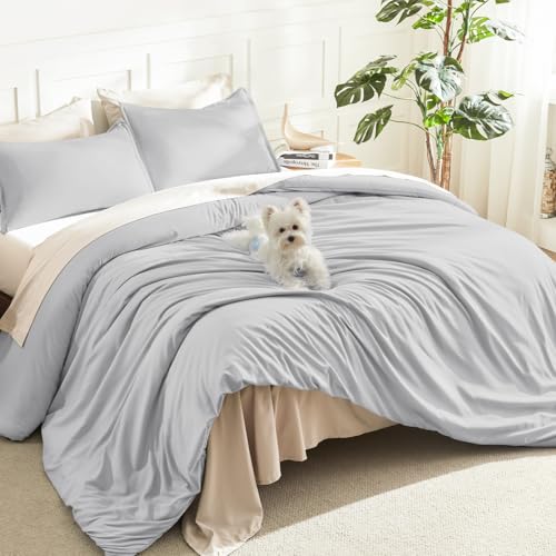 Image of Litanika Light Grey Comforter Queen Size, 3 Pieces Lightweight Solid Bedding Comforter Set, All Season Fluffy Bed Set (90x90In Comforter & 2 Pillowcases)