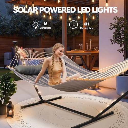 Image of SUNCREAT Stand Alone Hammock with Solar Powered Lights, Gray Stripes
