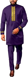 African Suits for Men, Dashiki 2 Piece Set Gold Embroidery Shirt Pant Outfits Nigerian Clothes Wedding Attire