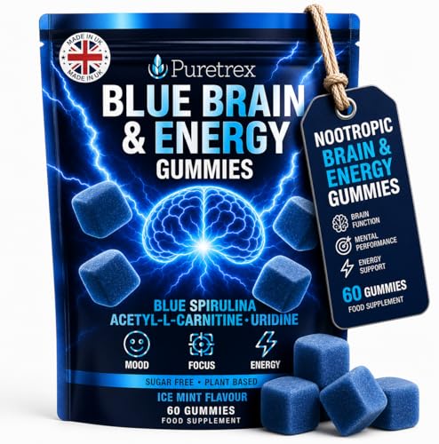 Puretrex Nootropic Gummies Blue Brain 60 Count Brain Focus and Energy Support Memory and Cognitive Performance Mental Clarity Blue Spirulina Acetyl L Carnitine Made in UK Ice Mint