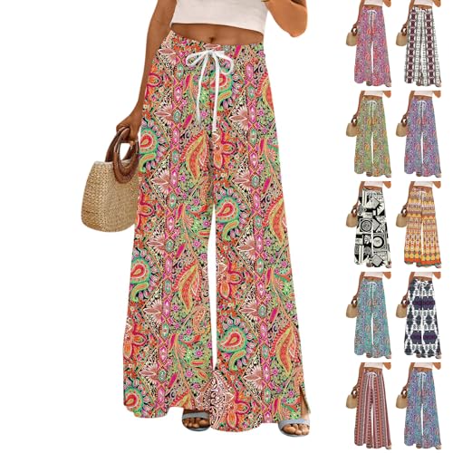 Wide Leg Floral Pants for Women Casual High Waisted Lounge Pants Drawstring Loose Fit Gauze Boho Pant Beach Clothes