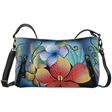Anna by Anuschka Womens Wide Cross Body Satchel | Hand Painted Original Artwork | Zip-Top Organizer | Midnight Floral