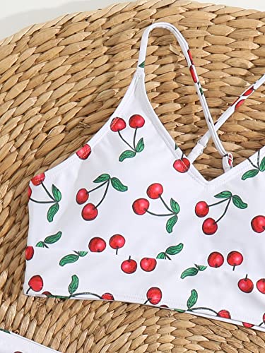 SHENHE Girl's 3 Piece Cute High Waisted Ruffle Trim Swimsuit Bikini Sets with Beach Skirt White-Cherry 8-9Y3