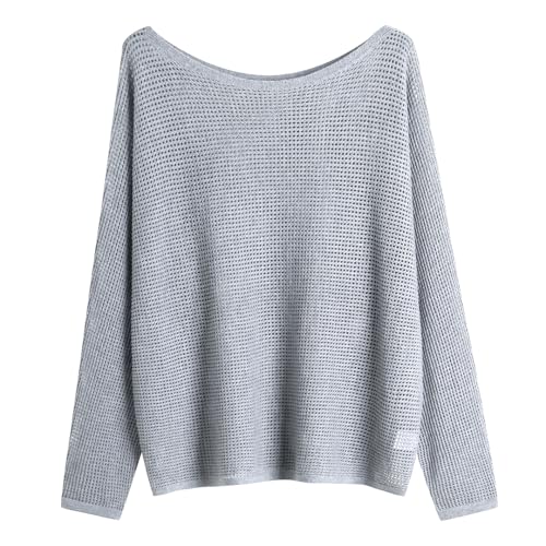 GABERLY Open Knit Boat Neck Batwing Sleeves Dolman Knitted Sweaters and Pullovers Tops for Women (One Size Light Gray)