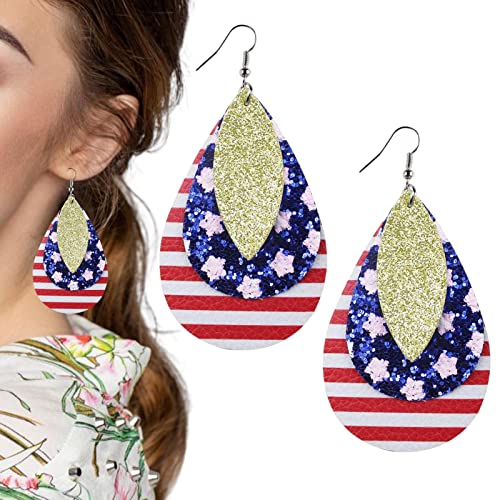 FASSME Pendientes patrióticos – 3 cuero sintético para mujeres y niñas – Pendientes patrióticos del Día la Independencia 4 julio pendientes lágrima
