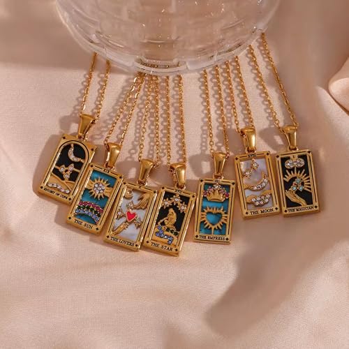 LUVA Tarot Card Pendant Necklace - 18K Gold Plated Stainless Steel - Enamel CZ Stone Tarot Deck Charms - Mystic Jewelry - Zodiac & Spiritual Gift - Waterproof, Anti Tarnish2