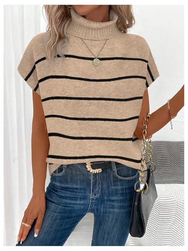 WDIRARA Women's Striped Turtleneck Sweater Vest Cap Sleeve Pullovers Loose Oversized Knit Top3