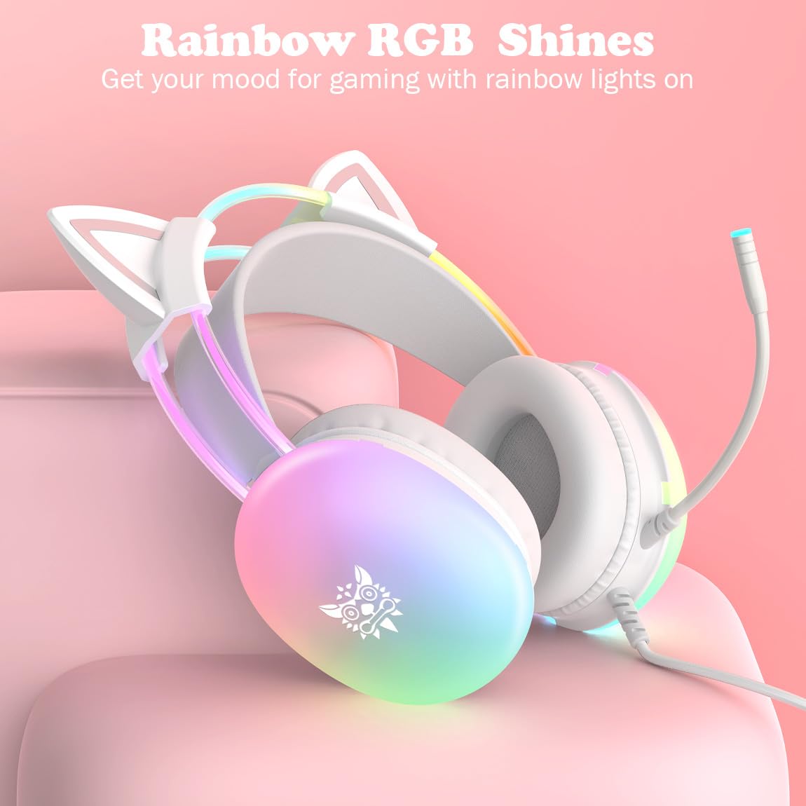 Cuffie da gioco con orecchie di gatto con microfono, illuminazione arcobaleno RGB, suono surround, cuffie over-ear cablate da 3,5 mm per PC/interruttore/laptop, fascia leggera e regolabile