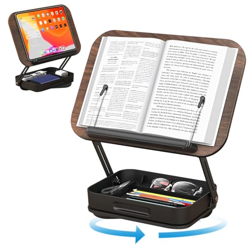 Kqpoinw Atril para Libros con Base de almacenamiento Giratoria 360°, Madera Soporte de Libro para Lectura con Clips, Altura Ajustable y Plegable Atril libros para iPads, Partituras, Libro,Tablet