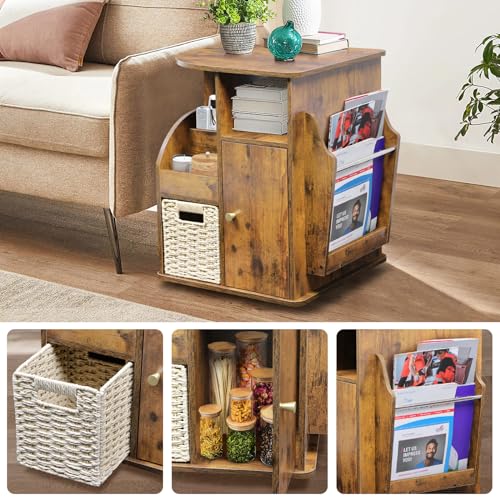 TooCust Rotating End Table with Storage, Rotating Side Table Living Room, Side Table with Magazine Holder, Basket and Cabinet, Sofa Side Farmhouse End Tables with Open Shelf (Rustic Brown)