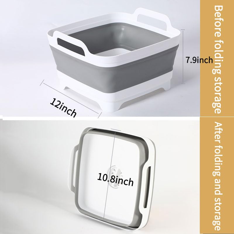 Image of 2.4Gal(9L) Foldable Dish Wish Drain Plug,Space Saving Outdoor Multiuse Sink Tub,Vegetable Washing,Kitchen Storage Tray for Camping,RV(Gray)