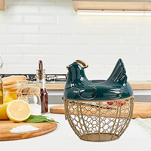 Cesta de almacenamiento de huevos, cesta de alambre de metal con tapa en forma de gallina, soporte de cerámica para 30 huevos
