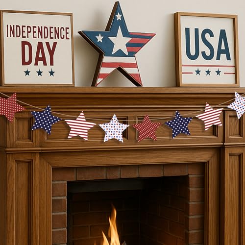 Image of 4th of July Decorations Wooden Red Blue and White Star Patriotic Garland Pre-Assembled Hanging Independence Day, Memorial Day, Veterans Day Banner for Mantle, Fireplace, Wall, Party Supplies