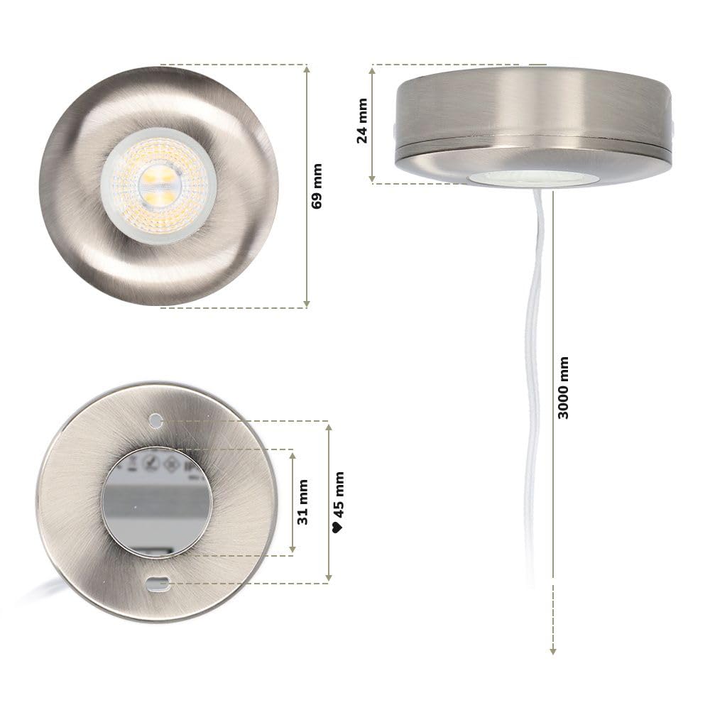 HOFTRONIC Pavo 6er-Set Flache LED-Aufbaustrahler - 3 W 300 lm - 2700K Warmweiß - Dimmbar - Rund - IP44 - Edelstahl - Aufbauhöhe 24 mm - Aluminium - Innen- und Außenbereich