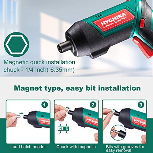 Cordless Screwdriver 6 N.m, HYCHIKA 3.6V 2.0Ah Electric Screwdriver Gun, Adjustable 2 Position Handles, Front LED, DC Charging, 20pcs Accessories