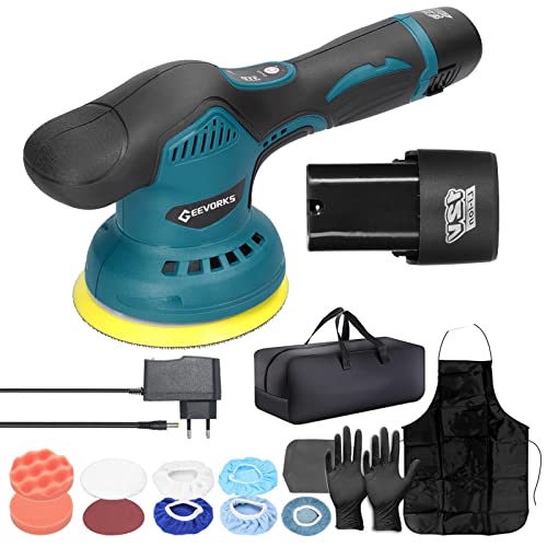 Geevorks Pulidora de batería excéntrica, 2800-5500 RPM, 8 velocidades variables para pulir y encerar muebles de suelo de coche con 2 pilas de 2,0 Ah, 17 piezas, 125 mm