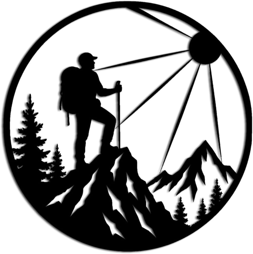 Hiker on Mountain Peak Metal Wall Art Metal Outdoor Decor Modern Metal Signs Minimalist Aesthetic Stunning Wall Decor for Living Room Office Adventure Hiking Enthusiast Gift (Black,20inch)
