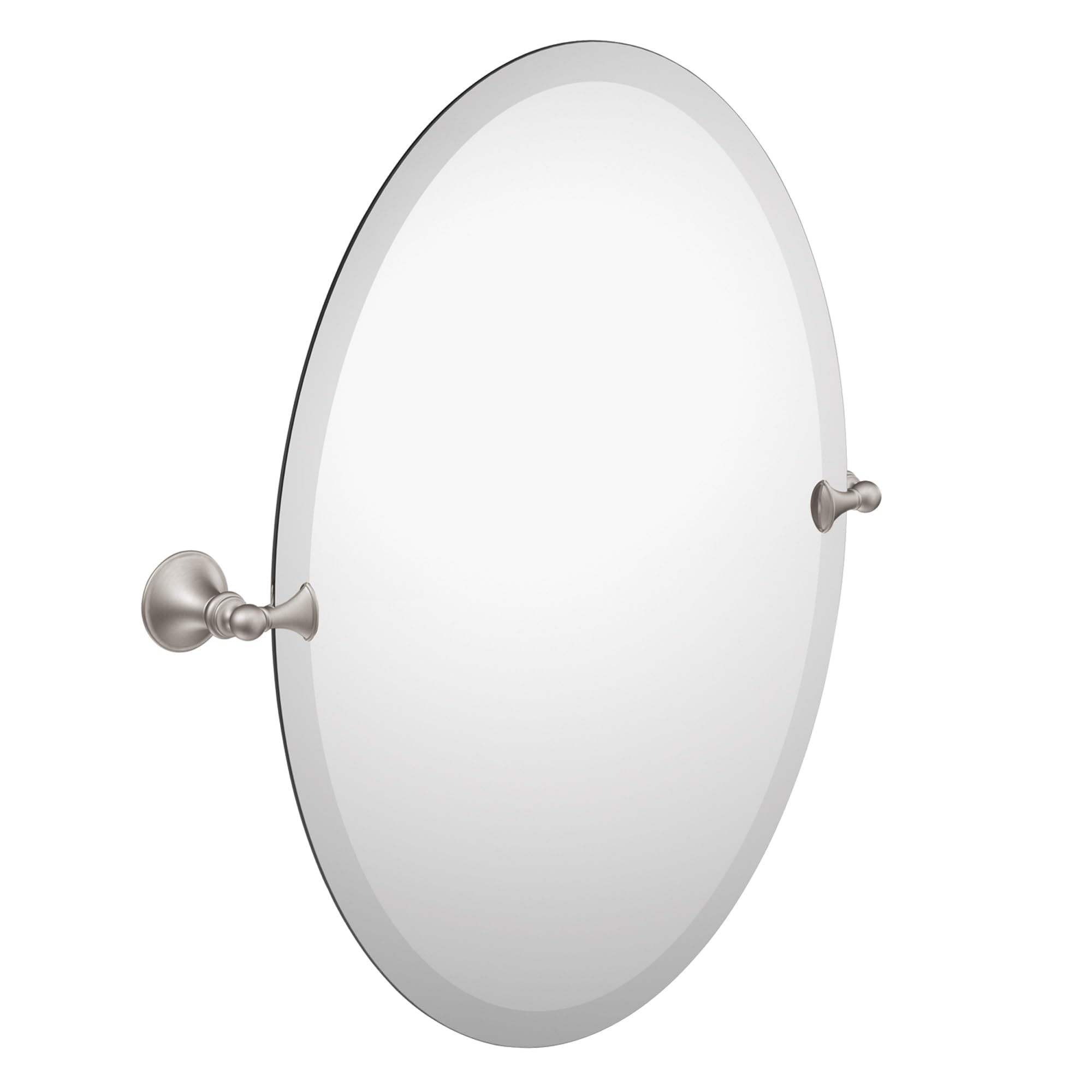 Moen Glenshire Brushed Nickel 26-Inch x 22-Inch Frameless Pivoting Bathroom Mirror Oval Tilting Wall Mounted Setup DN2692BN