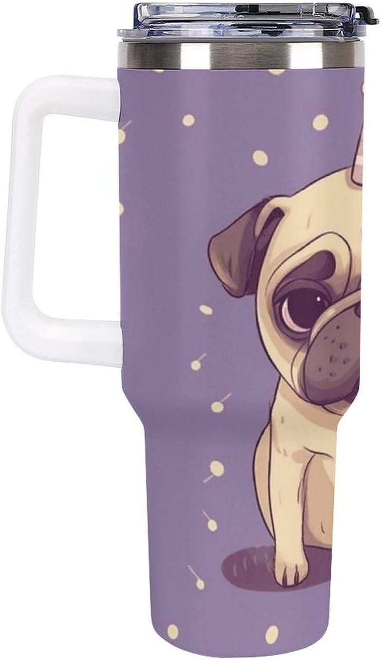 40 Oz Insulated Mug with Handle, Stainless Steel Funny Cartoon Pug Puppy Dog Printed Travel Mug Portable Leak-proof Large Car Mug for Home, Office Or Car