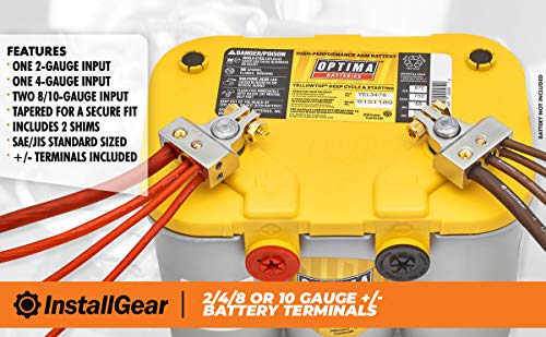 InstallGear 2,4,8 or 10 Gauge Battery Terminals w/Shims - Positive, Negative - Car Battery Terminal, Battery Pack, Heavy Duty Battery Terminal Connectors, 2 Gauge, 4 Gauge, 8 Gauge, 10 Gauge Wires