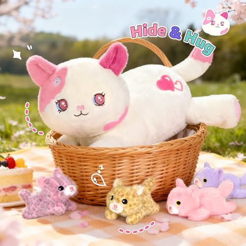 Image of Onsoyours Original 5PC Cat Stuffed Animals with Babies Inside, Kawaii Kiity Plush with Mommy & 4 Kittens - Cute Plushies Toys for Girls Kids (Pink)
