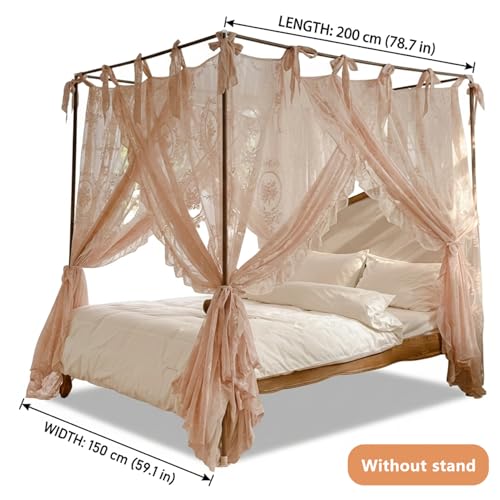 Cortina de cama con dosel beige para decorar dormitorios sin usar soporte 3