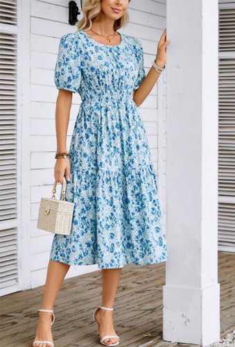Image of Kormei Women Summer Casual Boho Floral Round Neck Short Sleeve Smocked Waist Tiered Flowy Swing Midi Dress S Light Blue Floral