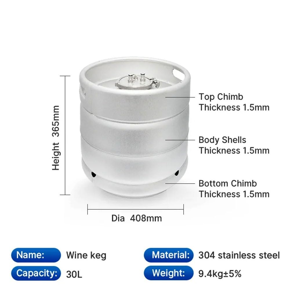 Fusto for Vino, Argento 30/58L 1/2 BBL, Serbatoio for Birra Artigianale in Acciaio Inossidabile 304(30L Just Keg Only)