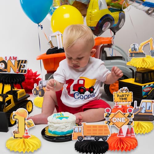 Image of 9pcs Construction Vehicle Table Centerpieces for First Birthday Party Decorations Truck Car Excavator Honeycomb Centerpieces One Birthday Table Decorations Construction 1st Birthday Table Sign Decors