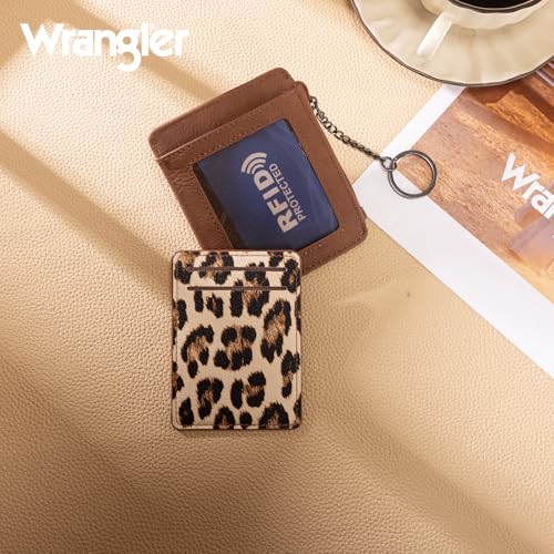 Image of Montana West X Wrangler Small Womens Wallet Slim Credit Card Holder Minimalist Brown Keychain Wallet with ID Window and Detachable Leopard Print Card Organizers
