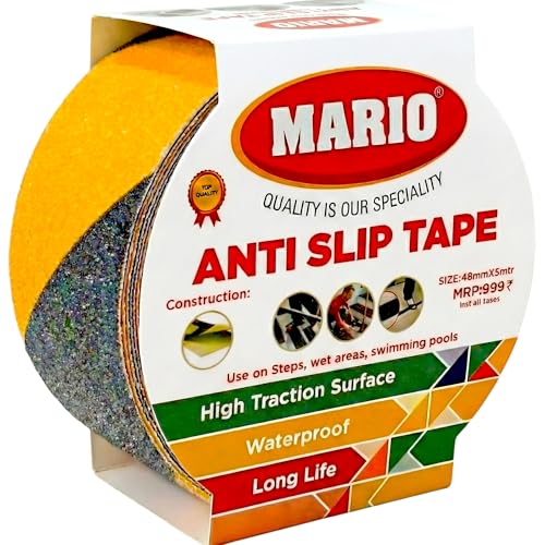 Image of Mario Anti-Skid Anti-Slip Tape Black & Yellow Zebra | 50mm (2 Inch) x 5M Safety Grip Tape for Stairs, Ramps & Flooring | High-Traction Non-Slip Adhesive Tape