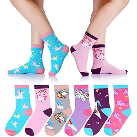 Girls Cotton Crew Socks Kids Novelty Animal Soft Funny Fashion Casual Breathable Childs Socks 6 Pairs (6-8 Years, 6 Pairs Unicorn E) Cover