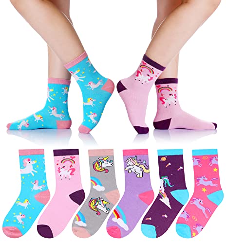 Girls Socks Unicorn Gifts Kids Crew Funny Cotton Cute Animal Novelty Cartoon Pattern Fashion Crazy Socks 6 Pairs (6 Pairs Unicorn E 6-8 Years)